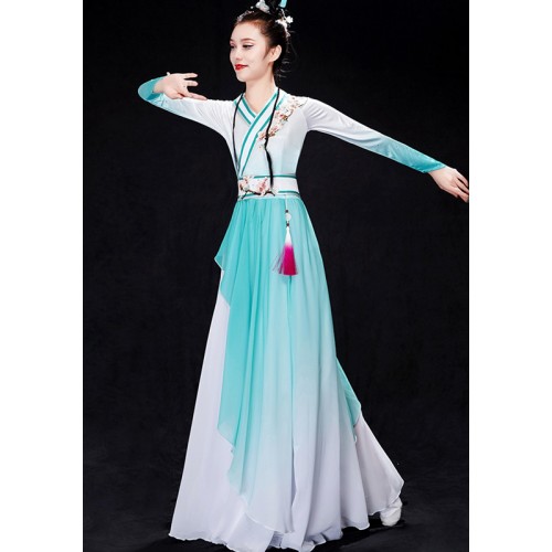 Blue gradient colored Chinese folk classical dance costumes for women girls Hanfu fairy Chinese style ancient style dress female elegant dance costume